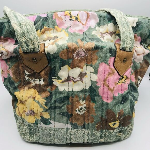 Pioneer Woman Aubrey Quilted Print Tote Floral Green Faded Denim w Zipper Large - Picture 1 of 15